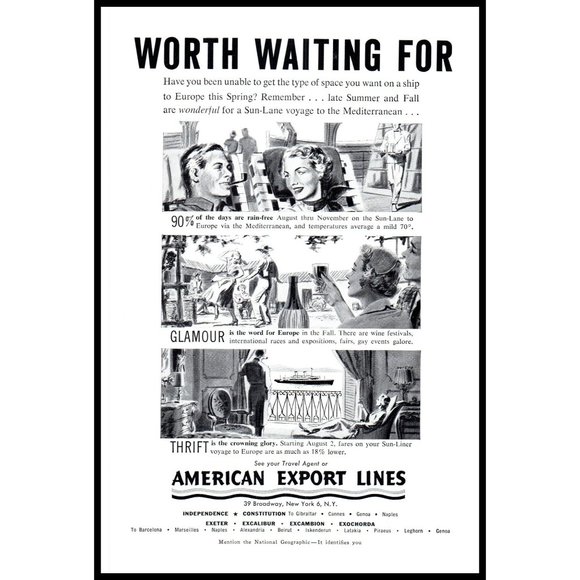 1953 American Exports Lines Cruise Ships Vintage Print Ad Europe Wine Wall Art - Picture 1 of 1